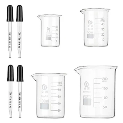 Immagine di Hyber&amp;Cara Becher graduato in vetro borosilicato 3.3 con beccuccio Chiaro da 25ml 50ml 100ml 200ml 4 pipette 1ml per laboratorio