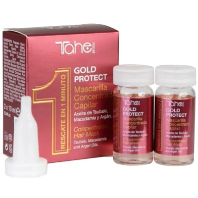 Immagine di Tahe Gold Protect Maschera per capelli concentrata, anti increspature, con oli naturali di Tsubaki, macadamia e argan, 20 ml