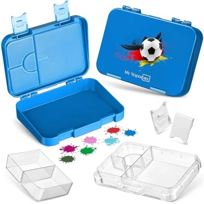 Immagine di My Vesperbox Contenitore porta pranzo per bambini, con 4 + 2 scomparti, estremamente robusto, ideale l&#039;asilo e la scuola (colore blu, disegno di un pallone da calcio)