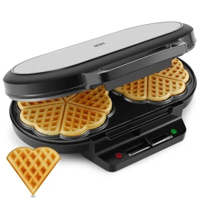 Immagine di YASHE SW 2122M Belgische Waffel Piastra Waffle Cuore, 10 Classici a Forma di Cuore con Rivestimento Antiaderente, 5 Regolazioni Temperatura, Spie Luminose, 1200W, Argento/Nero