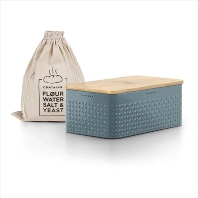 Immagine di LARS NYSØM Portapane con sacchetto per il Pane incluso in lino I Cassetta freschezza particolarmente duratura coperchio bambù adatto come tagliere (Stone Blue)