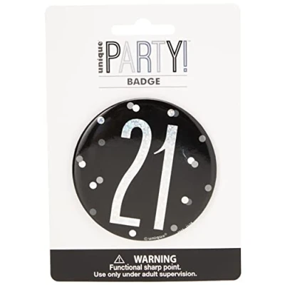 Immagine di Unique Distintivo per Il 21 7,5 cm Compleanno Glitz Nero e Argento, Black &amp; Silver, 83507