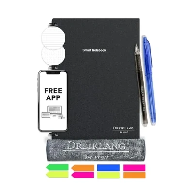 Immagine di Dreiklang Taccuino riutilizzabile, blocco degli appunti, planner, nero, DIN A4, linee, riscrivibile, con app iOS e Android sul cloud, penna panno in microfibra