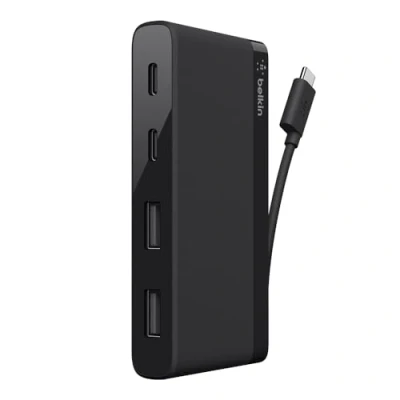 Immagine di Belkin Mini Hub a 4 Porte (2 x USB C e 2 A) con Cavo Attaccato, per MacBook Pro, Chromebook Pixel Dispositivi C, (F4U090btBLK)