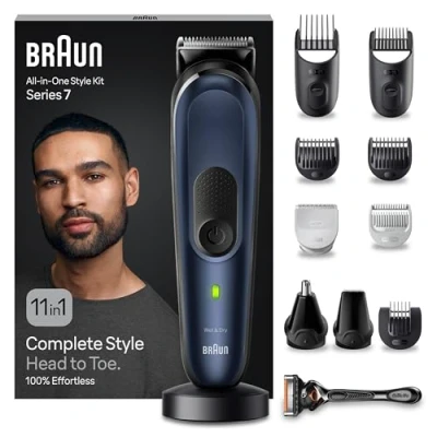 Immagine di Braun REGOLABARBA Tagliacapelli Uomo, Rasoio Elettrico Barba e Capelli, 11 in 1 Styling Kit per Barba, Corpo, Naso Orecchie, 100 Minuti Di Utilizzo, Idea Regalo, MGK7450 Blu