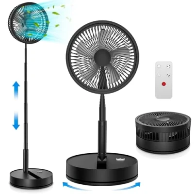 Immagine di Ventilatore Pieghevole a Oscillante con Telecomando, 9&quot; Nero da Pavimento/Tavolo, 7200mAh USB Ricaricabile, 4 Velocità, Timer, Silenzioso per Camera Letto Ufficio Viaggio Scrivania