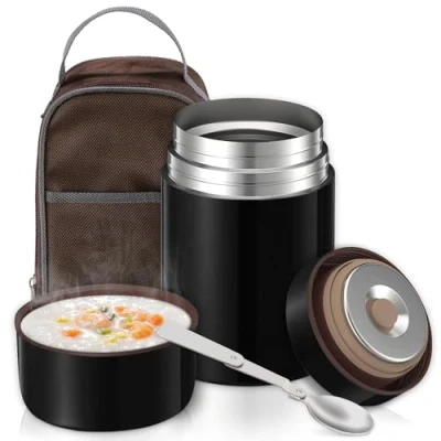 Immagine di Contenitore Termico per Alimenti Caldi 800ML, Thermos in Acciaio Inox con Sacchetto Isolante e Cucchiaio Pieghevole,Portavivande Pranzo,All&#039;aperto, Nero