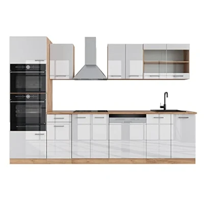 Immagine di Vicco cucina componibile R line, Bianco lucido/oro power oak, 300 cm con armadio alto, PL Rovere