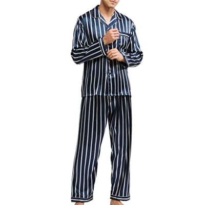 Immagine di Pigiama da uomo in raso, set di biancheria notte e abbigliamento casa A righe blu beige. L