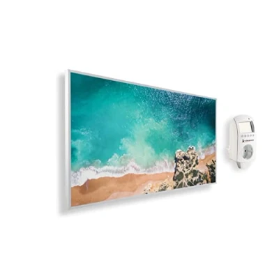 Immagine di Riscaldatore a infrarossi Könighaus 1200 Watt + termostato smart e APP una stufetta elettrica basso consumo Cornice bianca (15. Spiaggia da sogno 2)