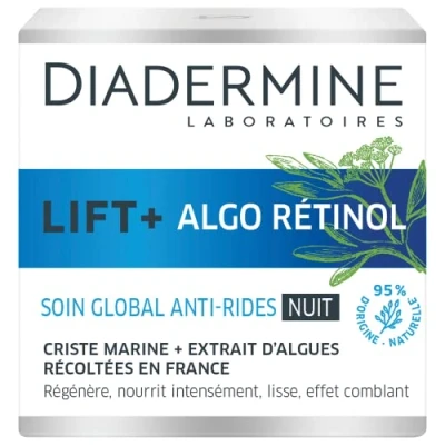 Immagine di Diadermine Lift+ Algo Retinol Crema da notte antirughe Cristo marino ed estratto di alghe Rigenera e nutre intensamente Cura del viso anti invecchiamento Vaso 50 ml