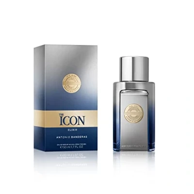 Immagine di Banderas The Icon Elixir By Eau de Parfum per uomo, Lunga durata, Profumo fresco, elegante e sensuale, Note speziate, marine legnose, Adatto da indossare nelle occasioni speciali, 50 ml