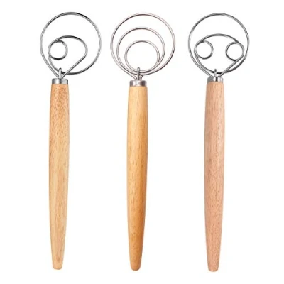 Immagine di Professional Danish Dough Whisk, DBAILY 3pcs Frusta Pasta Danese Manico in Legno Fruste da Cucina Acciaio Inox per Cuocere Torte Dessert Acida Pizza Pasticceria