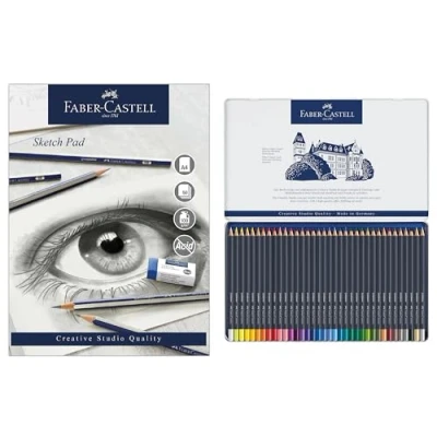 Immagine di Faber Castell Goldfaber, set di matite colorate, 36 pezzi e blocco per schizzi, formato A4, carta gommata, 100 g/m², 50 fogli