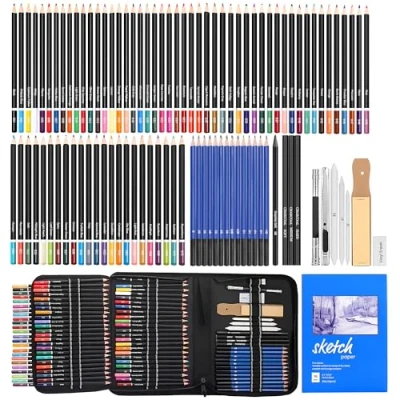 Immagine di MEIJMJIA YMTECH Set di 96 matite per schizzi, Schizzi e disegni arte professionale con matita grafite carbonio carta temperamatite gomma in un astuccio