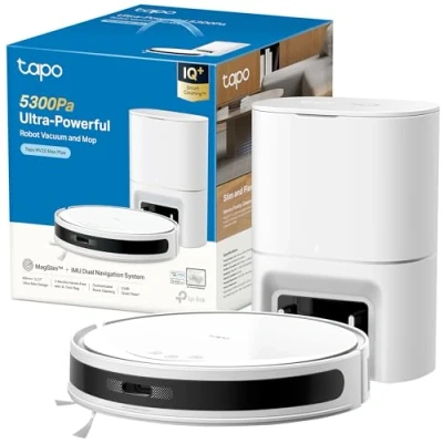 Immagine di Tapo RV20 Max Plus Bianco Robot Aspirapolvere Lavapavimenti con Mappatura 5300Pa, Svuotamento Automatico Polvere 3L, Navigazione LiDAR MagSlim, Design Ultra Compatto 83mm, Controllo APP&amp;Alexa&amp;Google