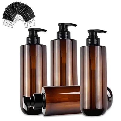 Immagine di Gvolatee 4set bottiglie vuote con pompa a pressione, 500 ml, ricaricabili, dispenser di sapone liquido in plastica, contenitore ricaricabile per, oli essenziali, lozioni adesivi Marrone