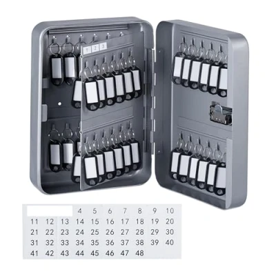 Immagine di Relaxdays Armadietto Portachiavi da Parete, Cassetta Sicurezza con Codice, 48 Ganci Appendi Chiavi, 25x18x7,5 cm, Grigio