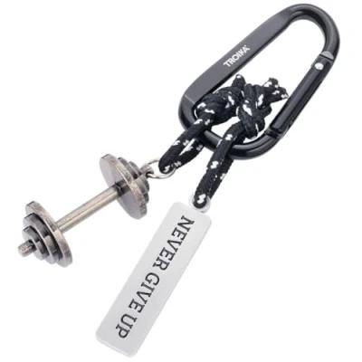 Immagine di TROIKA Portachiavi Fitness NEVER GIVE UP con moschettone 2 ciondoli su corda da arrampicata decorativa: manubrio e targa, lega di zinco, cromata, nero, argento originale, nero / argento, 11,7 x 4,5