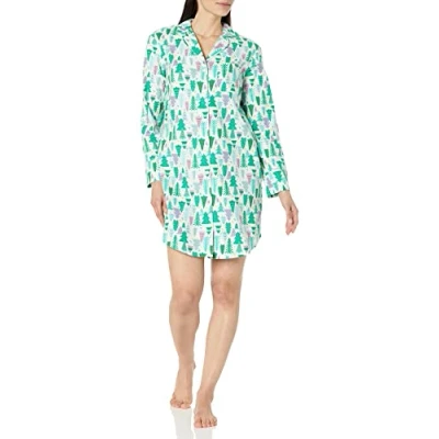 Immagine di Amazon Essentials Camicia da Notte con Risvolto Dentellato in Tessuto di Flanella (Disponibili Taglie Forti) Donna, Ecru Alberi Natale, XS