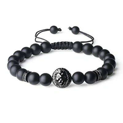 Immagine di COAI Bracciale Uomo Regolabile in Pietre Onice Opaca con Amuleto Testa di Leone Rame, Ispirazione Shamballa Semi preziose