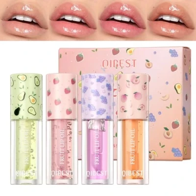 Immagine di Mrettick Lucidalabbra Idratante Confezione da 4 Balsamo per Labbra Set di Olio Luminoso al gusto frutta Kit la cura delle labbra, regali bellezza le donne