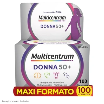 Immagine di Multicentrum Donna 50+ Integratore Multivitaminico completo, con Magnesio, Vitamina A, D, B12, Calcio, per combattere stanchezza e affaticamento Donne oltre 50 anni, 100 Compresse