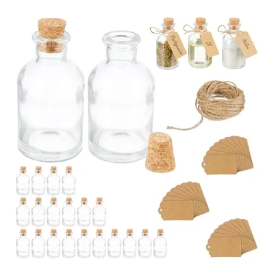 Immagine di Relaxdays Set da 25 Bottigliette in Vetro per Bomboniere, Bottiglie 60 ml, Barattolini con Tappo, Trasparente Marrone, Sughero