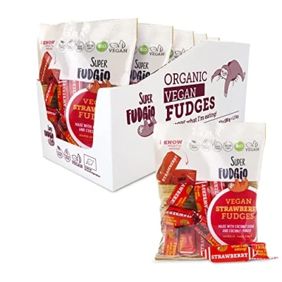 Immagine di SUPER FUDGiO Caramella di mucca Vegan Caramel Caramelle morbide Bonon ingredienti naturali con latte cocco biologico al 100% e zucchero 10 X 150 g Multipack Fragola