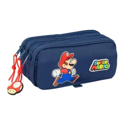 Immagine di safta SUPER MARIO TRICK astuccio triplo grande, per bambini, ideale bambini in età scolastica, comodo e versatile, qualità resistenza, 21,5 x 8 10 cm, blu scuro/rosso, M, Casual