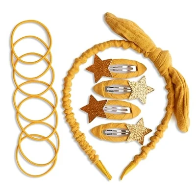 Immagine di Papierdrachen Speciale set di accessori per capelli con cerchietto, fermagli capelli, elastici combinati tessuto mussola alta qualità, giallo senape, ragazze e donne