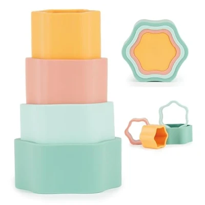 Immagine di Bieco Tazza Impilabile in Silicone Tropical Vibes Costruzioni Morbide per Bambini 1 Anno Cubi Impilabili Piramide Montessori Cubotti Morbidi Neonato