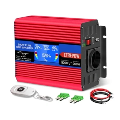 Immagine di ETREPOW 500W Inverter auto 24V 220v Onda Sinusoidale Pura Trasformatore Con presa 1 Euro e 2 porte USB,Telecomando Senza Fili,Display LCD picco 1000w