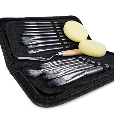 Immagine di Artify Set di pennelli da 15 pezzi per pittura ad acquerello olio acrilico a guazzo Include custodia trasporto pop up con spatola e 2 spugne Grigio