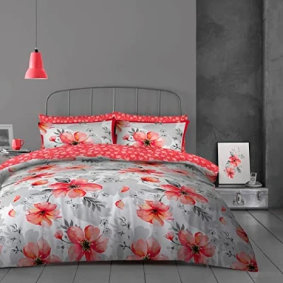 Immagine di Super Dreamer Set completo di biancheria da letto con stampa, 4 pezzi, copripiumino matrimoniale + lenzuolo angoli federa in tessuto policotone, reversibile, motivo floreale