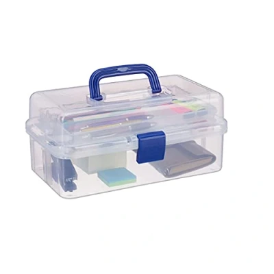 Immagine di Relaxdays Scatola Trasparente Plastica, 9 Scomparti Per Oggetti, Maniglia e Chiusura A Scatto, 14x33x19,5 cm, Blu