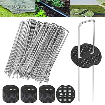 Immagine di SAIJIAN 40 Pezzi Picchetti Giardino e Rondelle 15x4cm Telo Pacciamatura a U in Acciaio per Fissare Panno Diserbo Rete