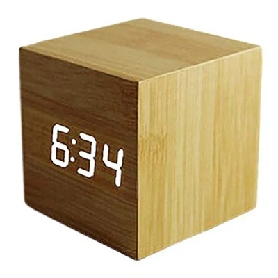 Immagine di ThreeH Sveglia LED in Legno,3 Set di Allarme, Doppia Alimentazione,Wood Cube da Tavolo Digitale,Visualizzazione Ora Controllo Vocale/Settimana/Temperatura/umidità/Data Yellow_White