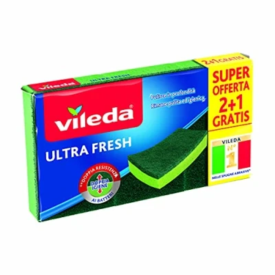 Immagine di Vileda Ultra Fresh Spugna Abrasiva, Assorbente, AntiGraffio, con Parte Fibrosa, Trattamento Antibatterico, Formato 2+1, Verde