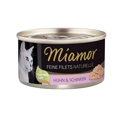 Immagine di MIAMOR Filetti fini Naturelle Cibo umido per gatti adulti con pezzi di filetto nel proprio succo. Alimento complementare a basso contenuto grassi in scatola senza additivi artificiali 24 x 80
