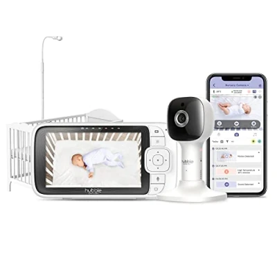 Immagine di Hubble Connected Nursery Pal SkyView Baby Monitor Video e Audio, Schermo da 5 pollici, supporto per lettino, luce notturna, visione sensore di temperatura ambiente app smartphone