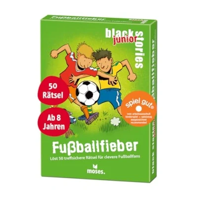 Immagine di moses Black Stories Junior Football Feber 50 sicuri per Gli Appassionati di Calcio Intelligenti, Carte con Due Varianti, Gioco Puzzle Bambini dagli 8 Anni in su, Colore Giallo, 90093