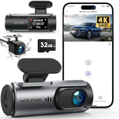 Immagine di WOLFANG Dash Cam Auto 4K, Doppia WiFi Dashcam per con Scheda SD 32G, Telecamera 170 Grandangolo, Visione Notturna,G Sensor, WDR, Monitor di Parcheggio, Registrazione in Loop