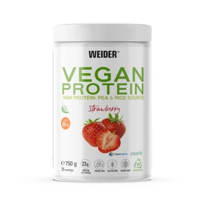 Immagine di Weider Vegan Protein (750g) Gusto Fragola, Proteine Vegane 23g/dose isolate di piselli e riso, Con Vitamina B12 Stevia, Senza Glutine, Zucchero, Contenitore 50% Riciclato, 100% Riciclabile