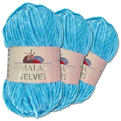 Immagine di Wohnkult Himalaya Velvet Dolphin Gomitolo di lana per lavorare a maglia, ciniglia soffice, accessori, indumenti e coperte, 40 colori scelta, 3 pezzi da 100 grammi l’uno (90027 blu chiaro)