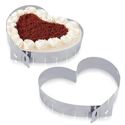 Immagine di Stampo Torta Cuore Regolabile, 2 Pezzi Teglia per Torte, Tortiera a Forma di in Acciaio Inox, Dimensioni Variabili, Senza Fondo, Argento