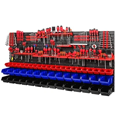Immagine di Scaffalatura da officina, 1728 x 780 mm, sistema di conservazione con supporti per attrezzi e scatole impilabili, pannelli parete, scaffale extra robusto officine (rosso/blu/nero)