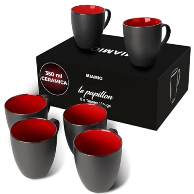 Immagine di MIAMIO 6 x 350 ml Pezzi per Colazione/Set di Tazze da Caffè Le Papillon Collezione (Nero Rosso)