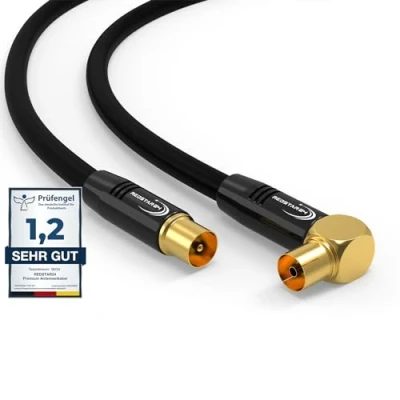 Immagine di RedStar24 Cavo Antenna 2m Nero Maschio a Femmina 90 Angolato Coassiale HDTV Premium per la TV via TV: Compatibile con TV, Radio, DVB T/T2, C, DAB