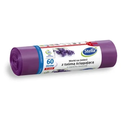 Immagine di STELLA 009909 Sacchetti per la spazzatura con cordino, 60 l, 10 pezzi, profumo di lavanda, domestica, ufficio, in pellicola LDPE, colore: lavanda/viola